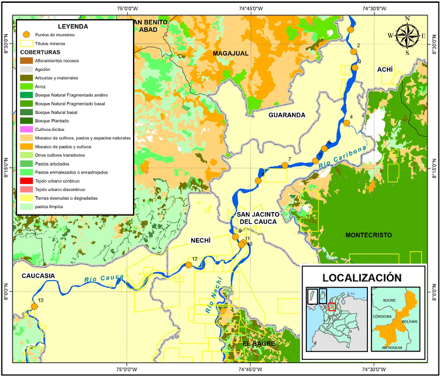 Ubicación de los sitios de muestreo en el río Cauca, trayecto Achí-Caucasia. 